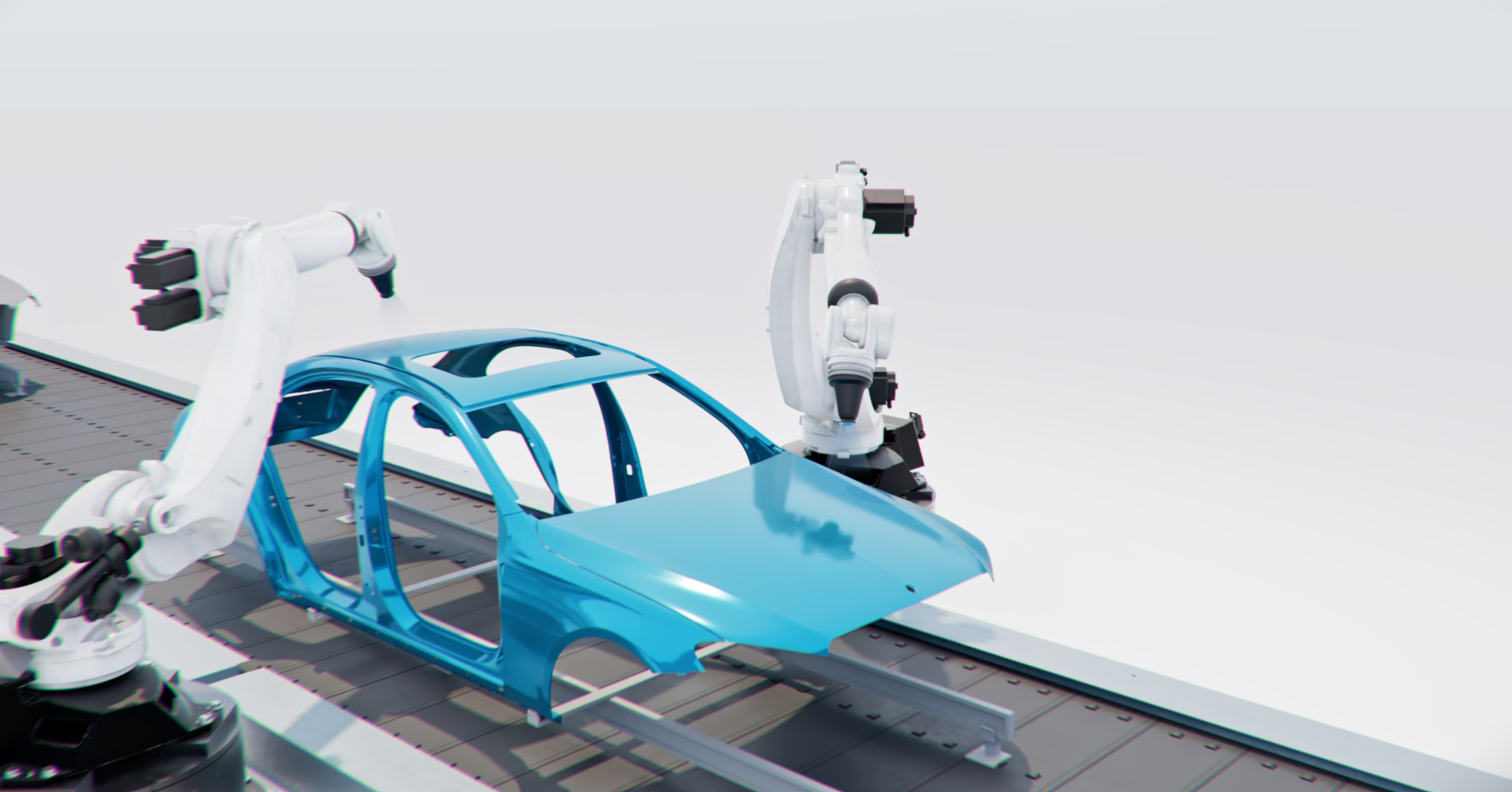 Rendering: Zwei Roboter lackieren eine Fahrzeugkarosserie