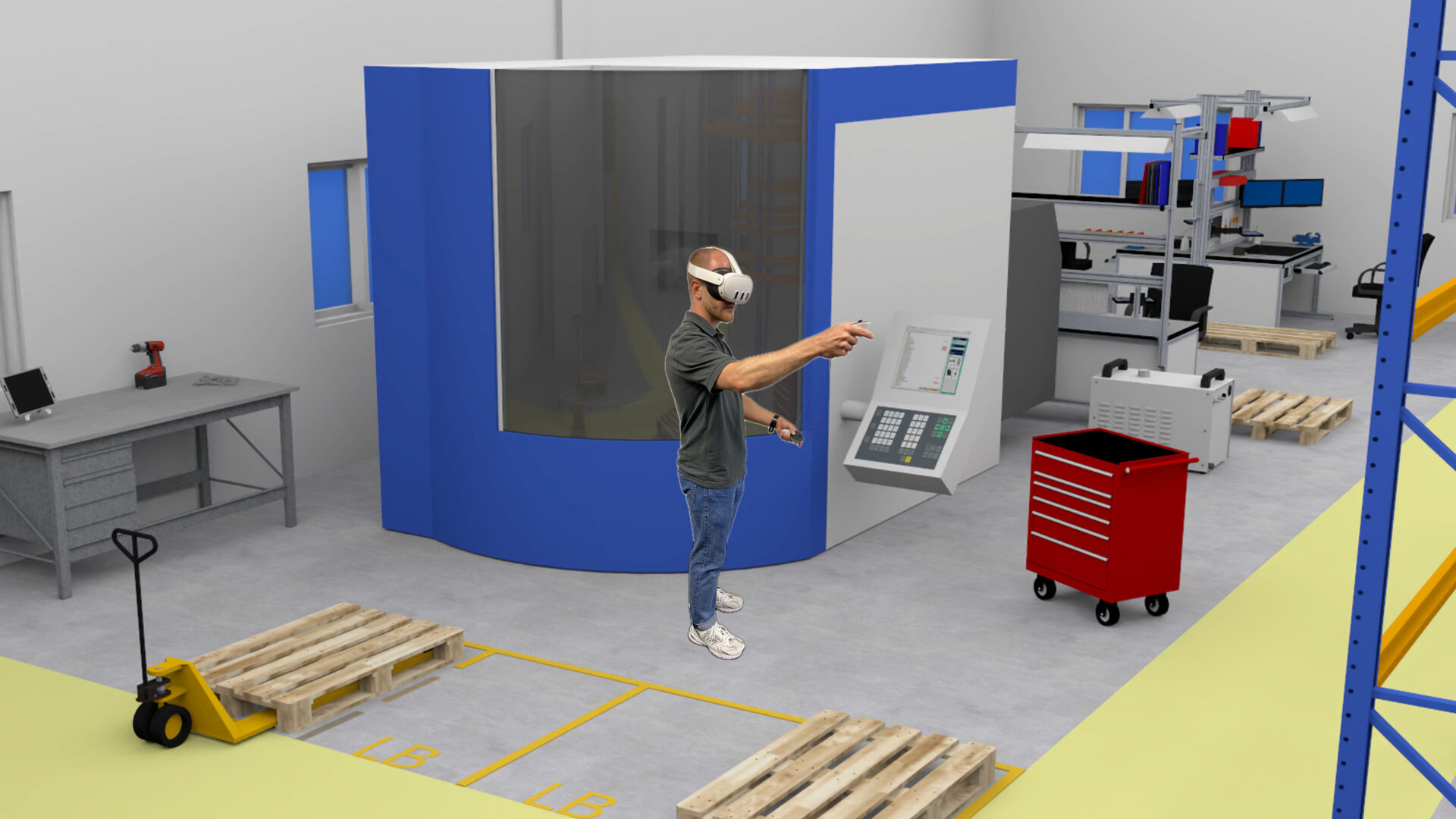 Alexander Kronschnabl trägt eine VR-Brille und steht in einer virtuellen Fabrikhalle