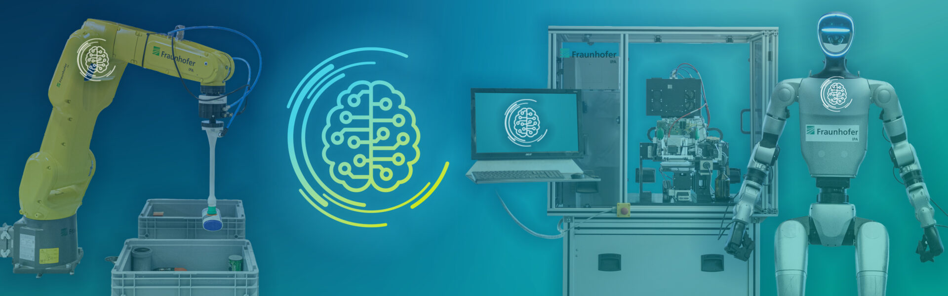 Symbolbild: Embodied AI. Zu sehen sind ein Roboter, der Waren in Kisten platziert und ein Humanoider vor einer Maschine