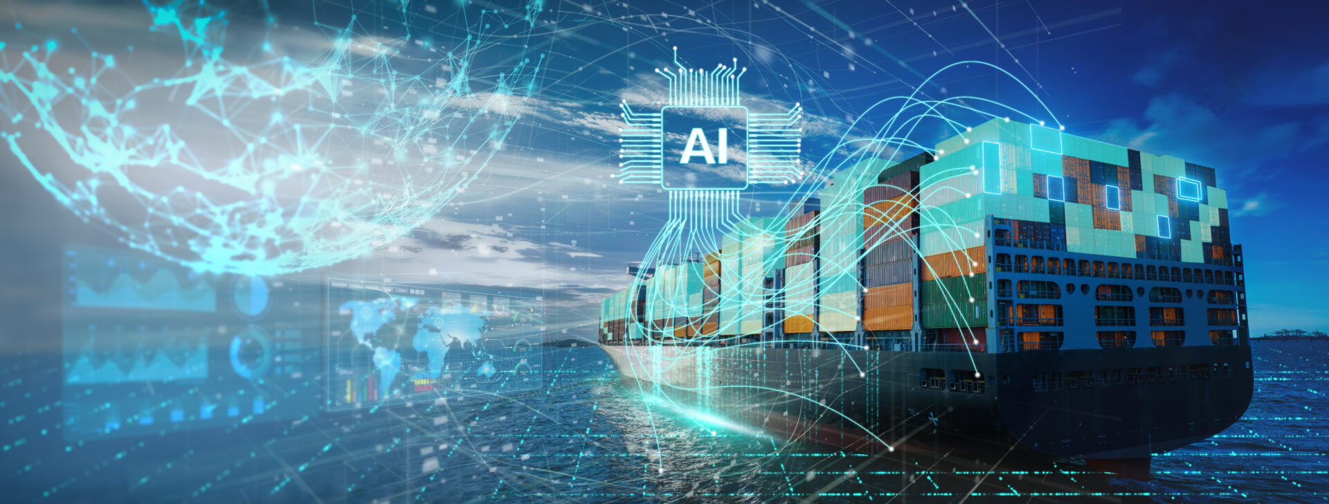 Containerschiff mit Künstlicher Intelligenz und Datenanalyse